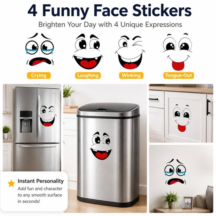 4pcs / Set 7.9 Inch Funny Face Stickers Waterproof Self-Adhesive Decals for Trash Cans / Refrigerator