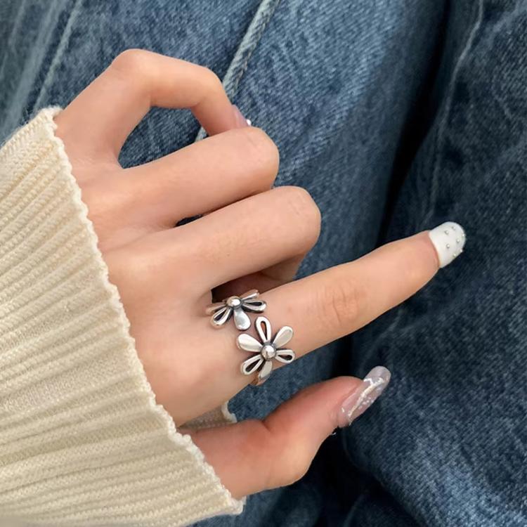 Vintage Daisy Flower 925 Sterling Silver Open Rings Adjustable Retro Finger Ring Jewelry, J2482