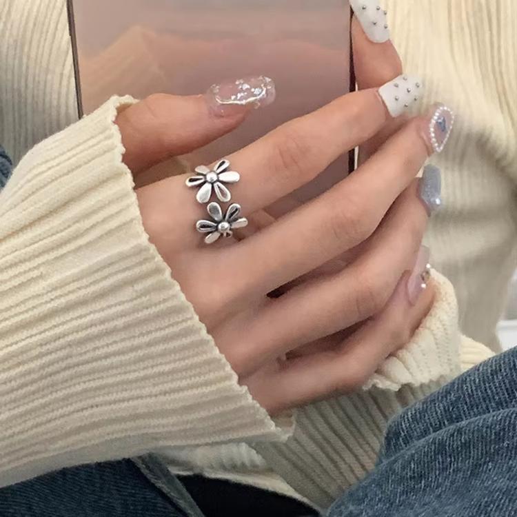Vintage Daisy Flower 925 Sterling Silver Open Rings Adjustable Retro Finger Ring Jewelry, J2482