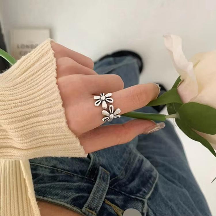 Vintage Daisy Flower 925 Sterling Silver Open Rings Adjustable Retro Finger Ring Jewelry, J2482