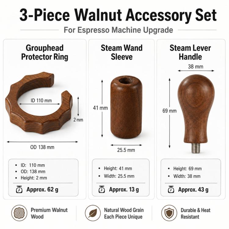 For Gemilai 3006/3145/3145B Espresso Machine Walnut Wood Modification Accessories, Anti-Scald Ring, Steam Lever Knob, Steam Wand Sleeve, 2-Piece Set, 3-Piece Set