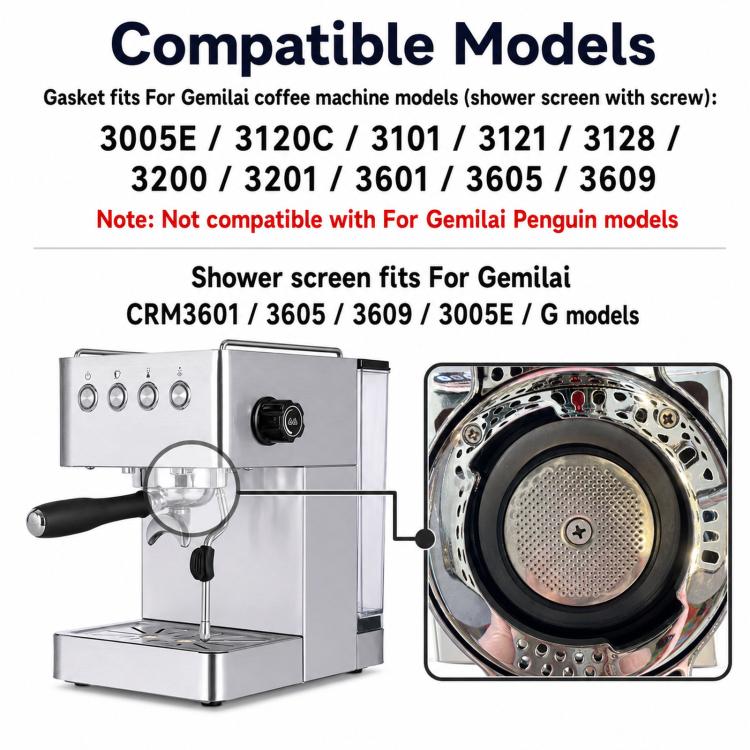 For Gemilai CRM3605 / CRM3601 / CRM3005E Espresso Machine, Silicone Gasket, Shower Screen, Shower Screen + Gasket Set, Complete Maintenance Kit with Pick Tool