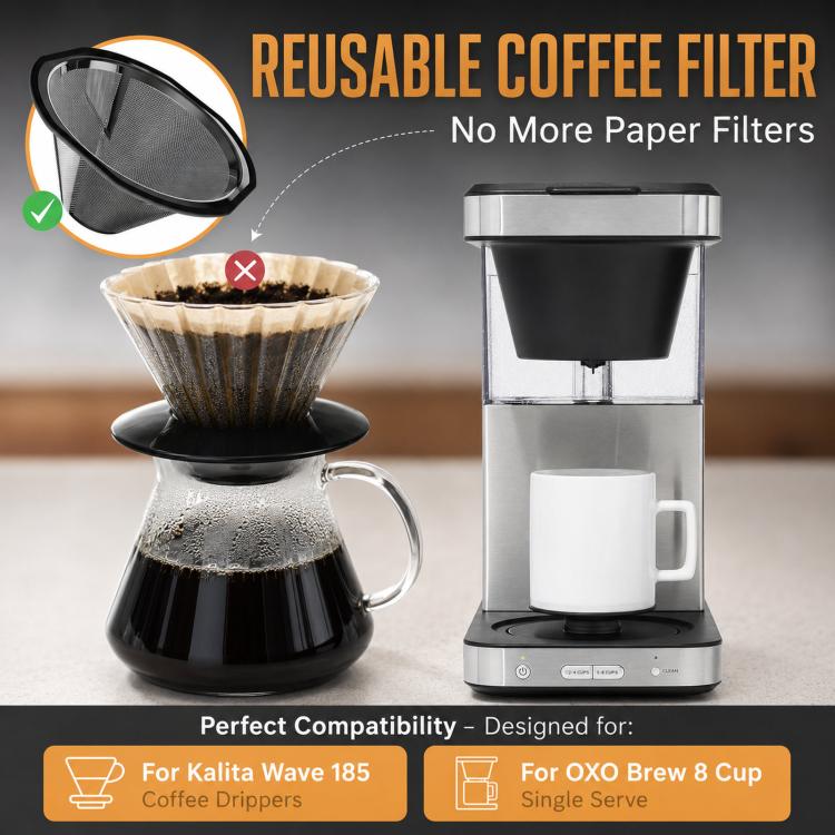 Reusable Coffee Filter Compatible with Kalita Wave 185 Coffee Drippers and OXO Brew 8-Cup Single Serve