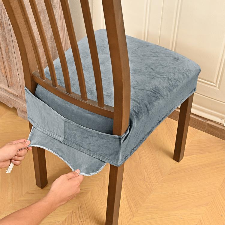 Velvet Stretch Chair Seat Covers Removable Dining Chair Cushion Slipcovers With Buckle Straps, M