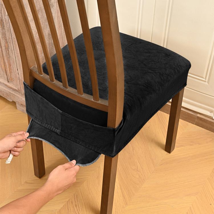 Velvet Stretch Chair Seat Covers Removable Dining Chair Cushion Slipcovers With Buckle Straps, M
