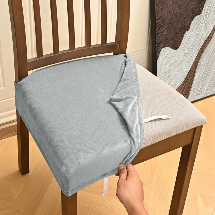 Velvet Stretch Chair Seat Covers Removable Dining Chair Cushion Slipcovers With Buckle Straps, M