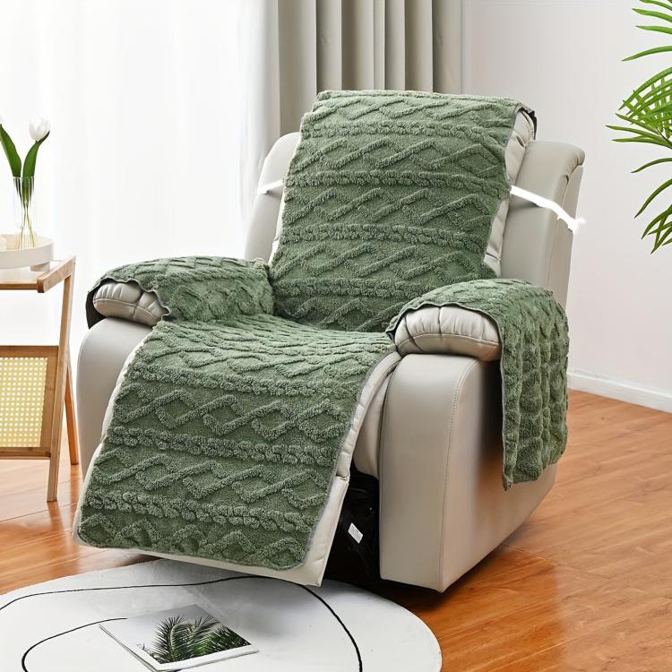 Fleece Recliner Chair Cover Non-Slip T-Shape Sofa Slipcover With Buckle Strap, Single-seater