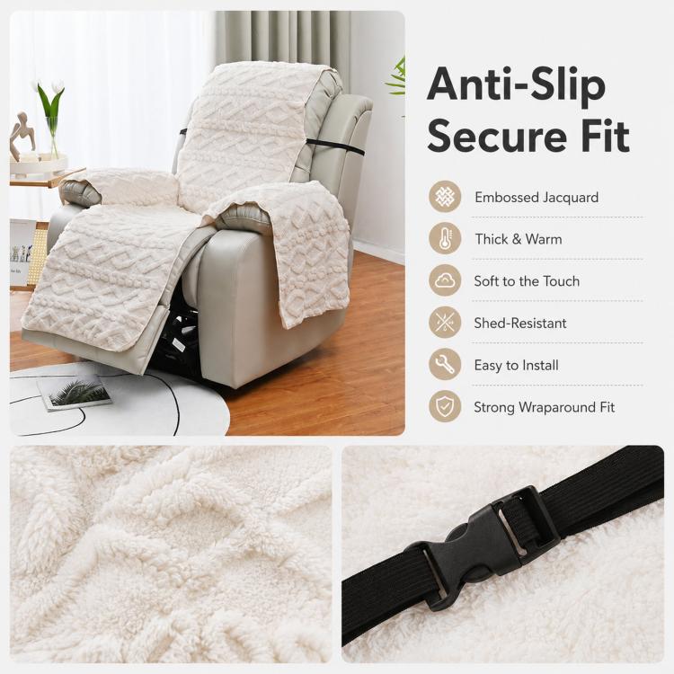 Fleece Recliner Chair Cover Non-Slip T-Shape Sofa Slipcover With Buckle Strap, Single-seater