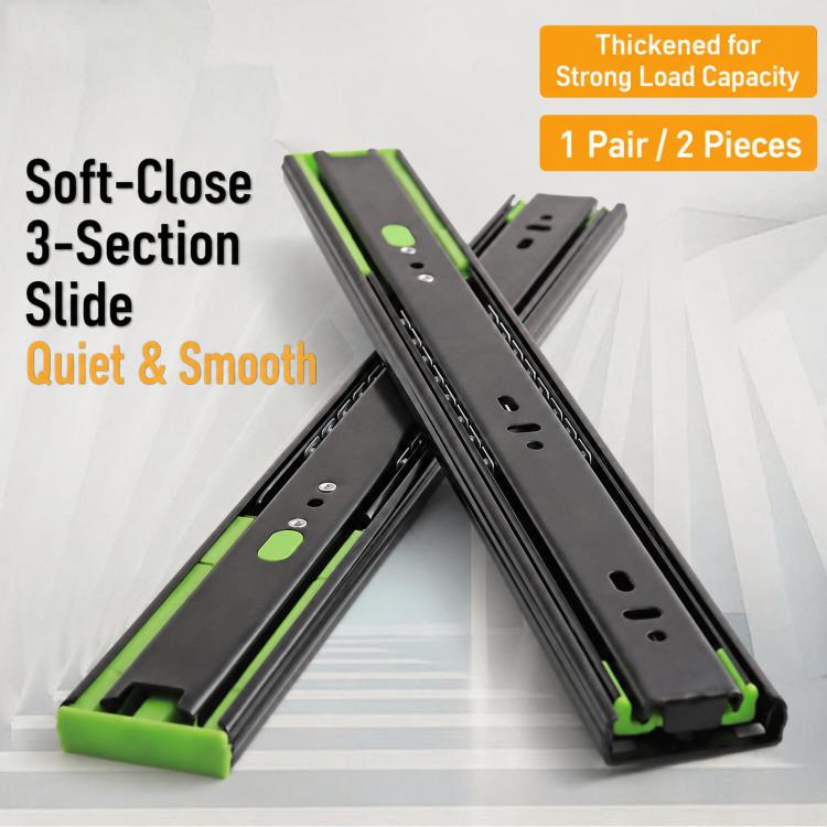 1pair Heavy-Duty Soft-Close Drawer Slides Thickened 3-Section Silent Soft-Close Slide Rails, Black Steel 10 inch 25cm, Black Steel 12 inch 30cm, Black Steel 14 inch 35cm, Black Steel 16 inch 40cm, Black Steel 18 inch 45cm, Black Steel 20 inch 50cm     ...