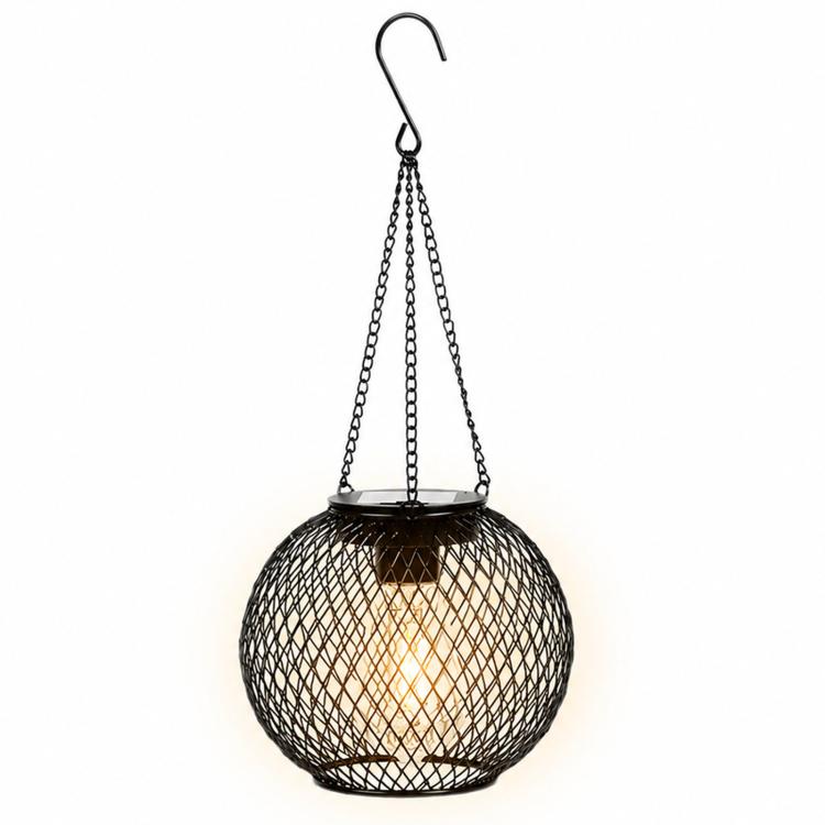 Solar Hanging Lanterns Outdoor Metal Garden Decorative Lights, Black Mesh Ball, Round Cage, Cylindrical Cage