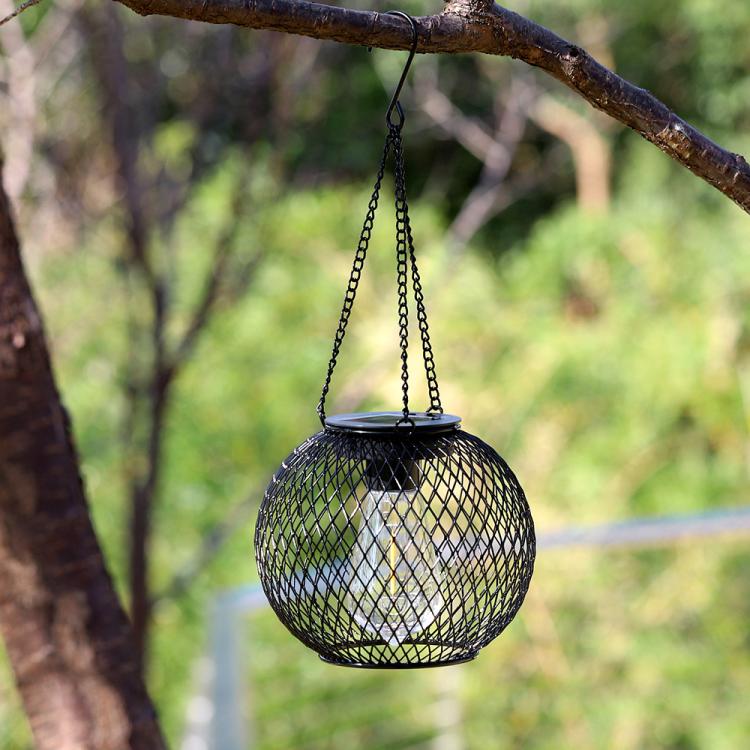 Solar Hanging Lanterns Outdoor Metal Garden Decorative Lights, Black Mesh Ball, Round Cage, Cylindrical Cage