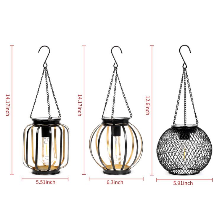 Solar Hanging Lanterns Outdoor Metal Garden Decorative Lights, Black Mesh Ball, Round Cage, Cylindrical Cage