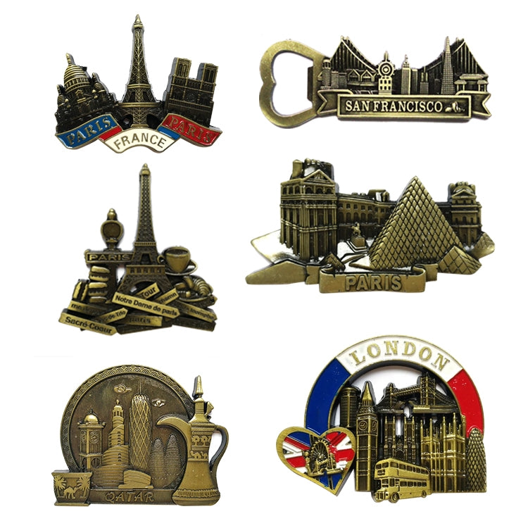 Architectural Landscape Metal Magnetic Refrigerator Stickers Home Decoration, French Panorama, Louvre, Representative Buildings in France, London, Arena, Qatar, Long Strip French Panorama, Eiffel Tower Road Sign, Golden Gate Street Opener              ...