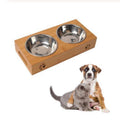 Cat Dog Pet Stainless Steel Feeding and Drinking Bowls Combination With Bamboo Frame, S, L