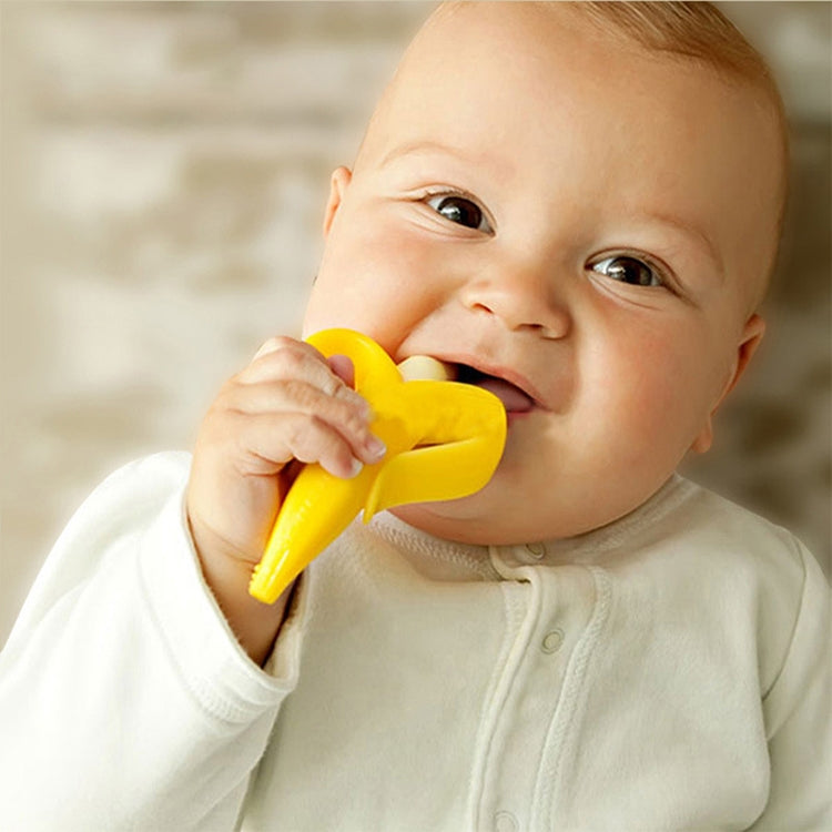 3 PCS Baby Silicone Training Toothbrush Banana Shape Safe Toddle Teether Chew Toys Teething Ring Gift for Infant Baby Chewing, Pink-B, Yellow-B