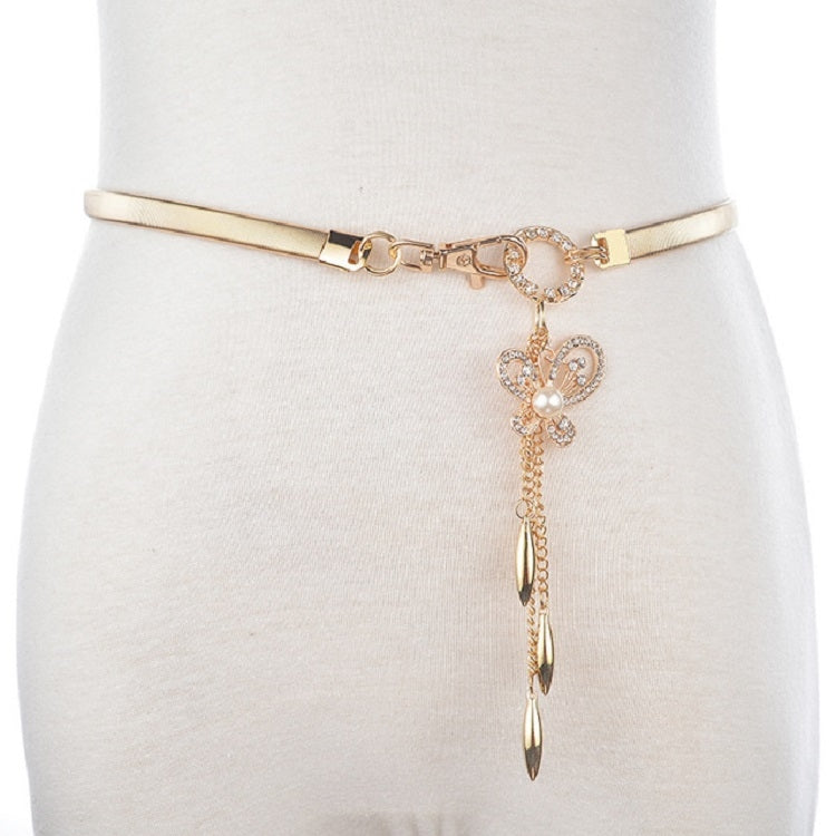 Women Thin Belt Metal Rhinestone Decorative Waist Chain, 68cm One Pearl Butterfly Pendant, 68cm Four Pearls Pendant, 75cm Four Pearls Pendant, 62cm Five-color Peacock Tail Pendant, 68cm Five-color Peacock Tail Pendant, 75cm Five-color Peacock Tail Pendant