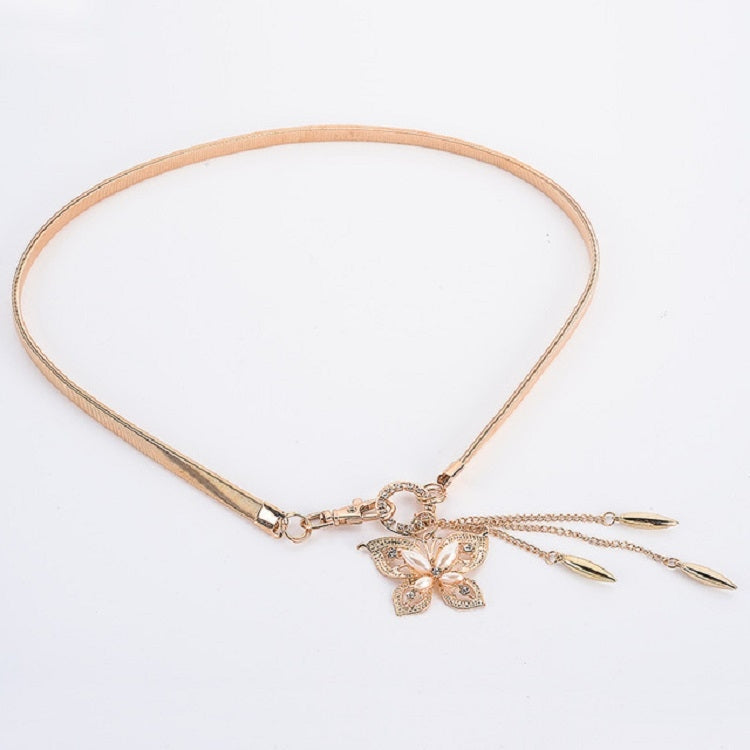 Women Thin Belt Metal Rhinestone Decorative Waist Chain, 68cm One Pearl Butterfly Pendant, 68cm Four Pearls Pendant, 75cm Four Pearls Pendant, 62cm Five-color Peacock Tail Pendant, 68cm Five-color Peacock Tail Pendant, 75cm Five-color Peacock Tail Pendant