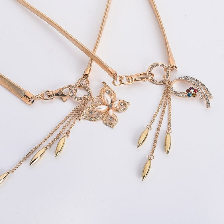Women Thin Belt Metal Rhinestone Decorative Waist Chain, 68cm One Pearl Butterfly Pendant, 68cm Four Pearls Pendant, 75cm Four Pearls Pendant, 62cm Five-color Peacock Tail Pendant, 68cm Five-color Peacock Tail Pendant, 75cm Five-color Peacock Tail Pendant