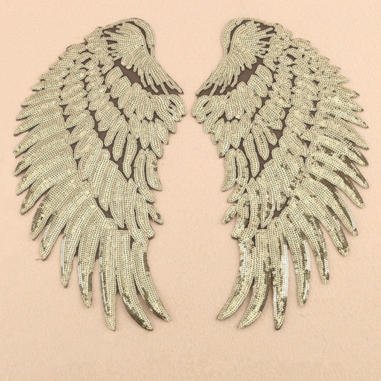 A Pair Sequin Feather Wing Shape Clothing Patch Sticker DIY Clothing Accessories, Small 20.5 x 10cm Gold, Large 33.5 x 32cm Gold, Small 20.5 x 10cm Silver, Large 33.5 x 32cm Silver, Small 20.5 x 10cm Black, Large 33.5 x 32cm Black, Small 20.5 x 10cm Re...