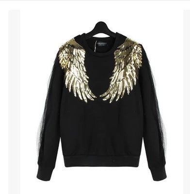 A Pair Sequin Feather Wing Shape Clothing Patch Sticker DIY Clothing Accessories, Small 20.5 x 10cm Gold, Large 33.5 x 32cm Gold, Small 20.5 x 10cm Silver, Large 33.5 x 32cm Silver, Small 20.5 x 10cm Black, Large 33.5 x 32cm Black, Small 20.5 x 10cm Re...