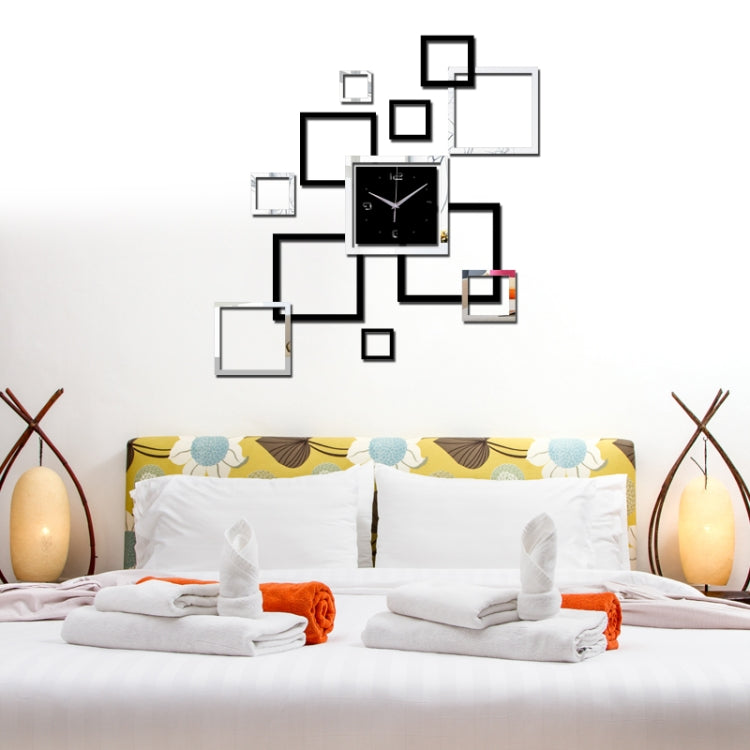 Living Room Wall Clock Creative Clock Acrylic DIY Mirror Wall Stickers Decorative Black Silver Square DIY Clock, Acrylic DIY Mirror Wall Clock