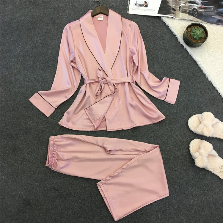 Bathrobe Pajamas Imitation Silk Pajamas Lapel Casual Silk Home Wear, XL