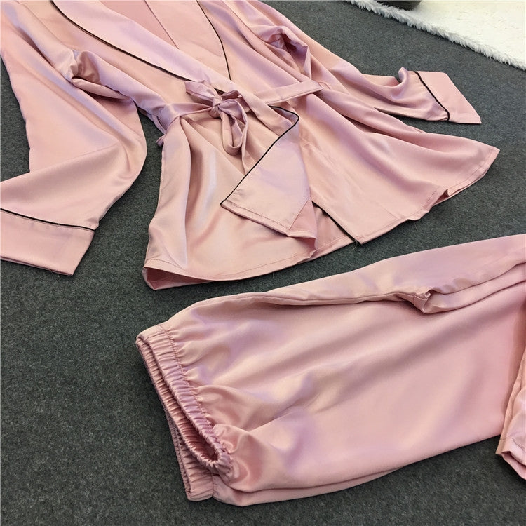 Bathrobe Pajamas Imitation Silk Pajamas Lapel Casual Silk Home Wear, XL