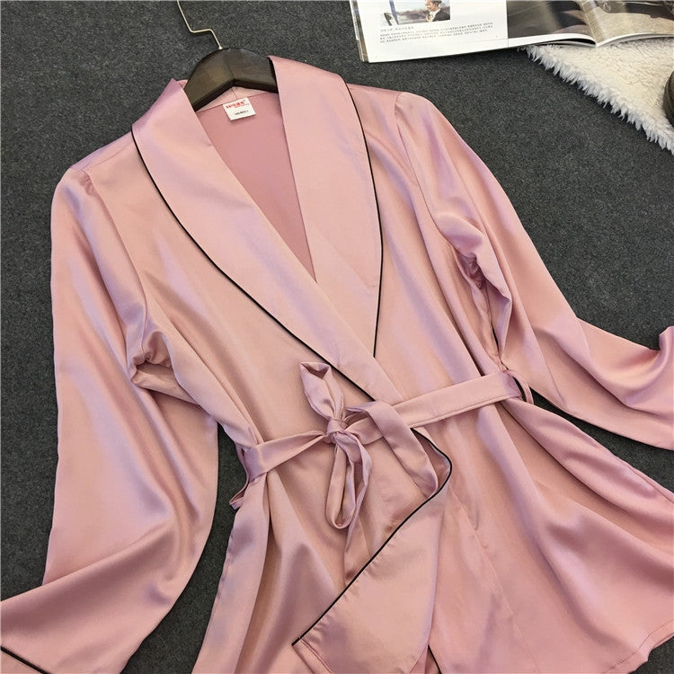 Bathrobe Pajamas Imitation Silk Pajamas Lapel Casual Silk Home Wear, XL