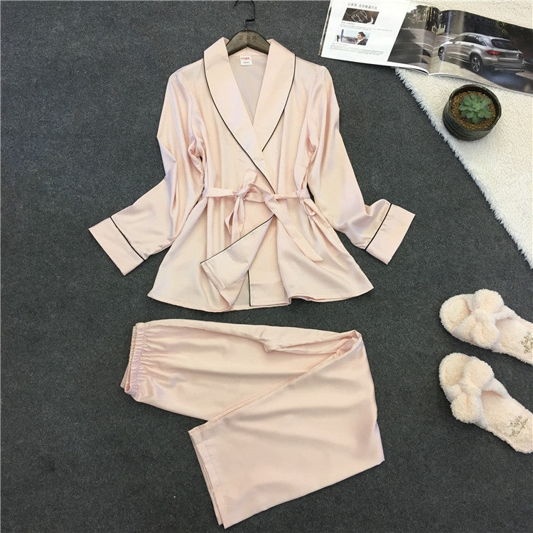 Bathrobe Pajamas Imitation Silk Pajamas Lapel Casual Silk Home Wear, XL