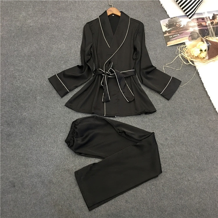 Bathrobe Pajamas Imitation Silk Pajamas Lapel Casual Silk Home Wear, XL