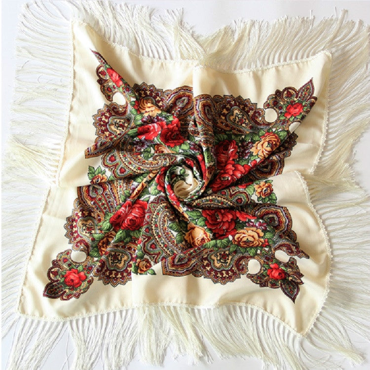Ethnic Style Retro Tassel Square Scarf Flower Pattern Headscarf Scarf, 90 x 90cm Red, 90 x 90cm Yellow, 90 x 90cm Purple, 90 x 90cm Khaki, 90 x 90cm Black, 90 x 90cm Pink, 90 x 90cm Peacock Blue, 90 x 90cm Middle Blue, 90 x 90cm Sapphire, 90 x 90cm Gra...