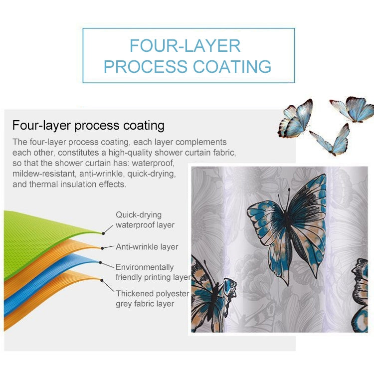 Butterfly Waterproof Polyester Shower Washable Bathroom Curtains, 80x180cm, 120x180cm, 150x180cm, 180x180cm, 200x180cm, 220x180cm, 240x180cm