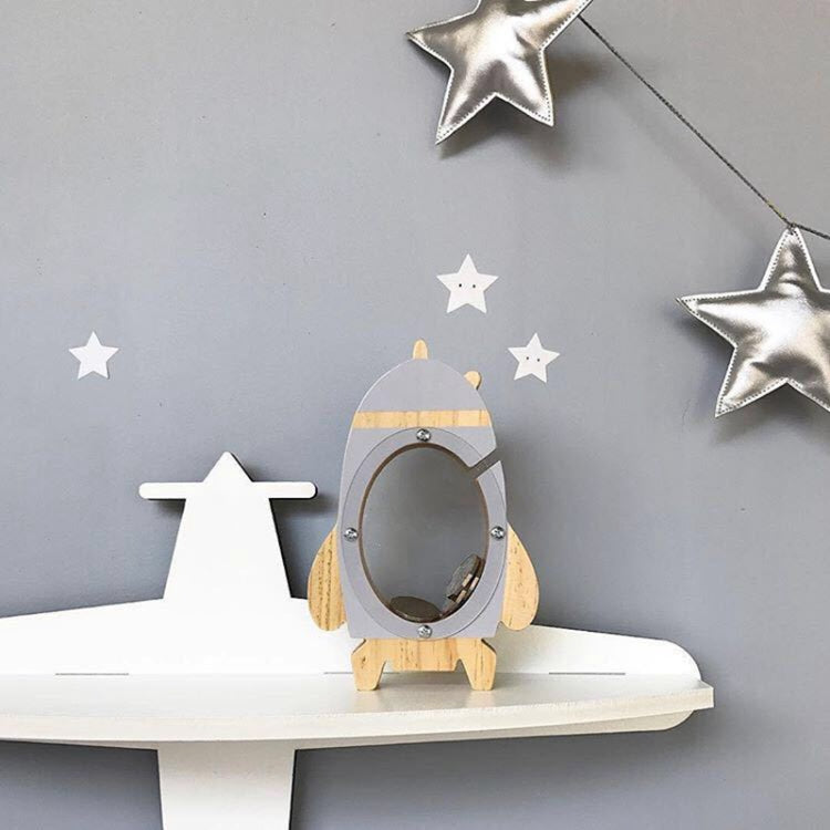 Nordic Wood Rocket Money Box Toys Living Room Decoration Piggy Bank