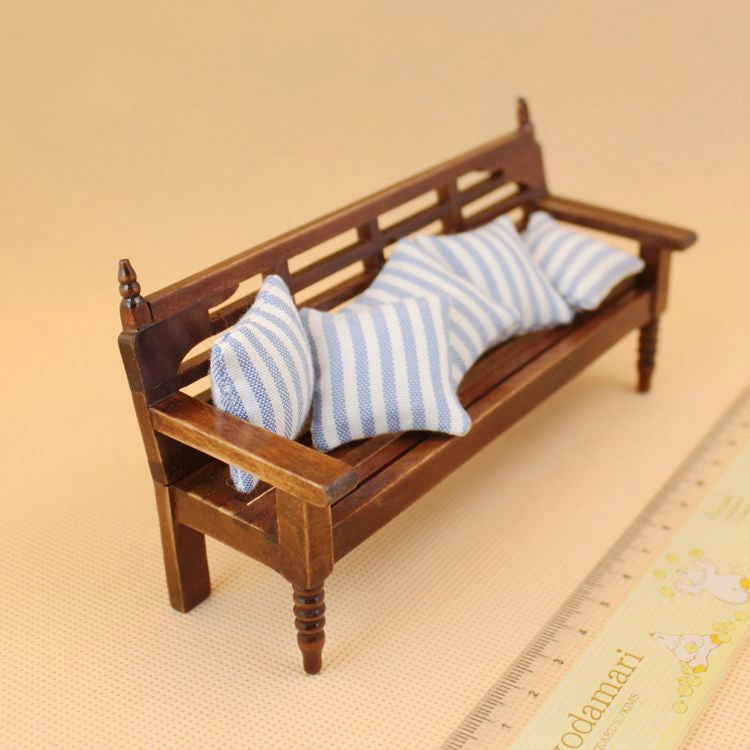 Mini Doll House Furniture Wooden Bench with Pillows, Wooden Bench
