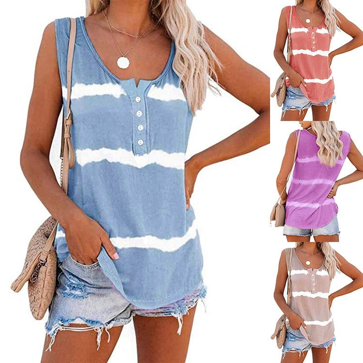 Loose Tie-dye Striped Printed Vest T-shirt for Ladies (Color:Green Size:S), S, M, L, XL, XXL, XXXL