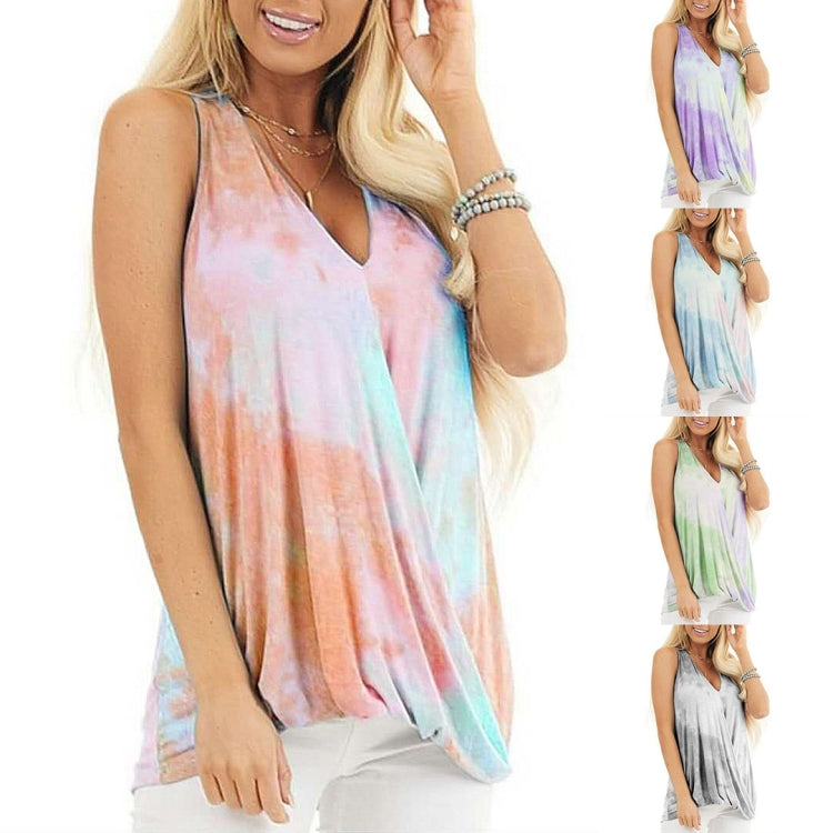 Tie-dye Print V-neck Vest T-shirt for Ladies (Color:Grey Size:S), S, M, L, XL, XXL, XXXL